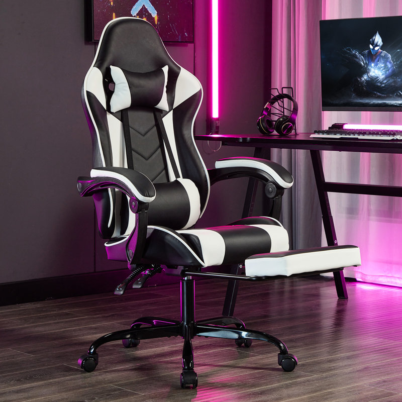 Fauteuil de jeu avec repose-pieds, ordinateur ergonomique et support lombaire, matériau respirant, jeu vidéo à hauteur réglable pour adultes en noir et blanc, avec coussin de massage, support rotatif rétractable sur 360 degrés