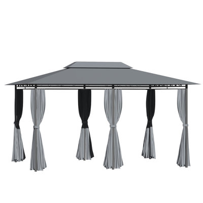 Pavillon de jardin 10 'x 13', abri de jardin avec auvent avec rideaux, toit ventilé, structure en acier pour jardin, pelouse, cour et terrasse