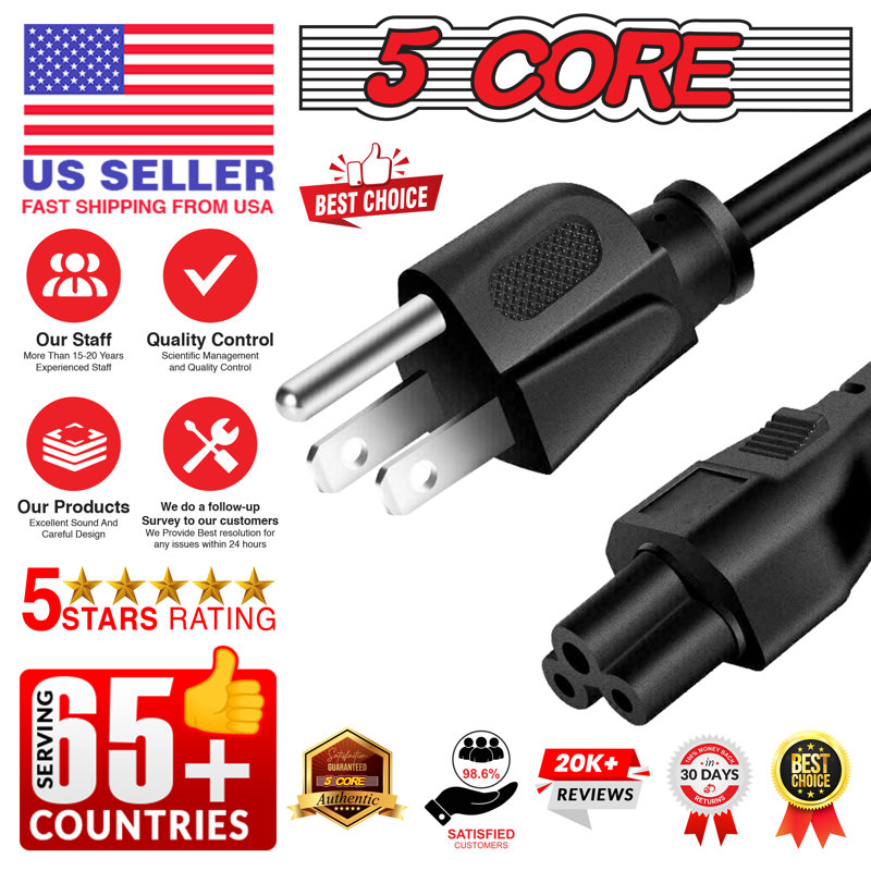5Core Extra Long AC Wall Power Cord for Led TV Vizio Samsung 6 Ft 2 Prong