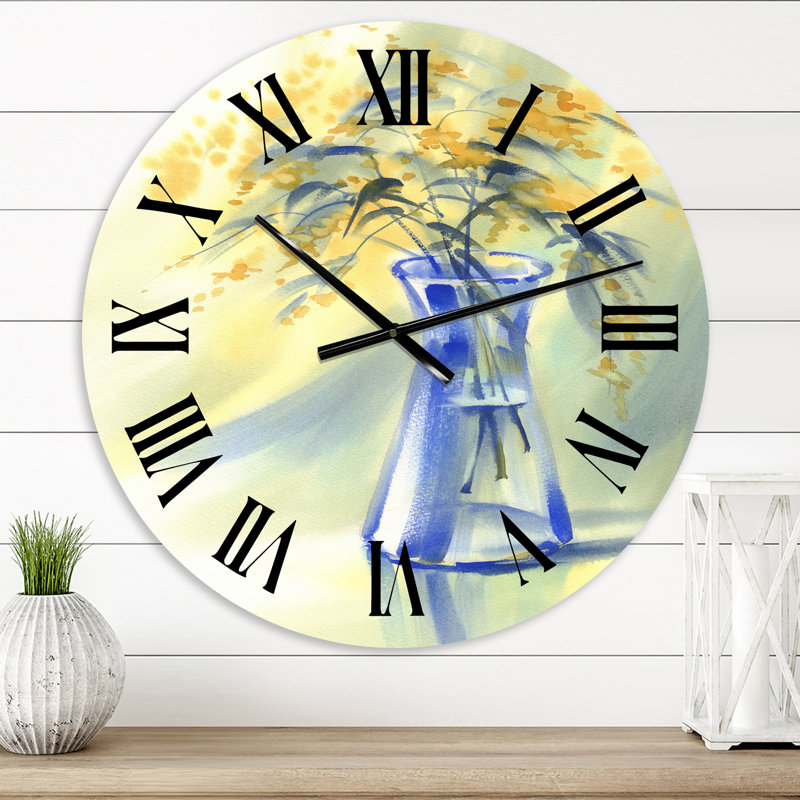 Fleurs d'été dans une bouteille en verre bleu - Horloge murale de ferme, Petit
