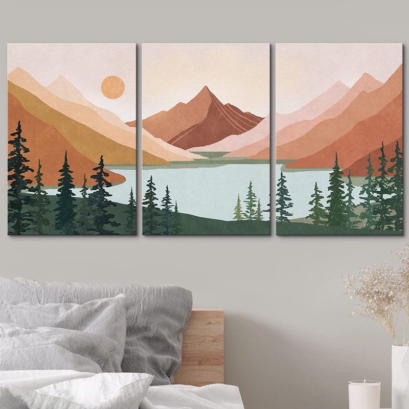 «Sun Mountain Landscape Forest Lake Abstract Minimal Nature Scene», reproduction d'art sur toile encadrée 3 pièces