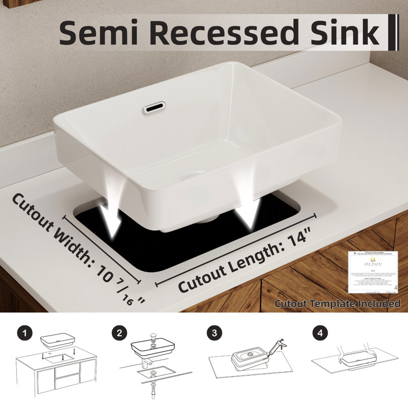 Los Flexi White Rectangular Semi-Recessed Vessel Bathroom Sink with Overflow, 6.5" H x 12.99" W x 16.93" D