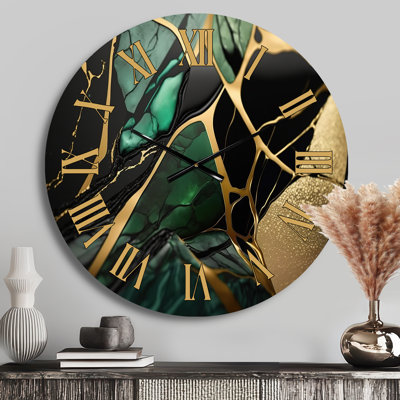 Abstract Geode Green III - Marble Abstract Golden Face Wall Clock