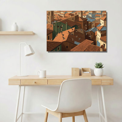 «Swallows Flying Over Terracotta Rooftops», art mural sur toile
