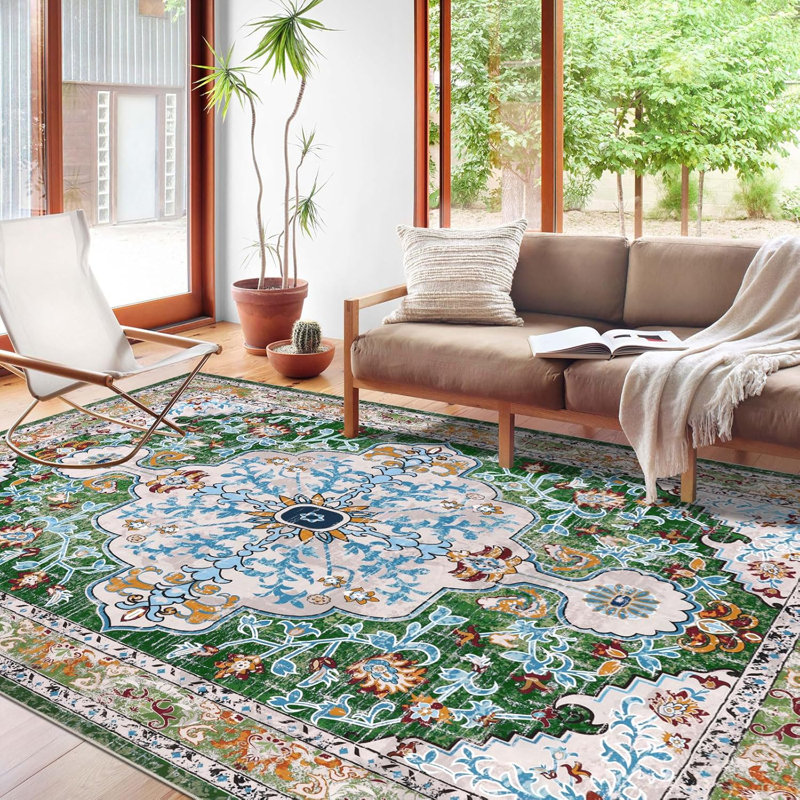 Tapis oriental antidérapant Boho, Rectangle 6 pi x 9 pi, Bleu / orange / vert