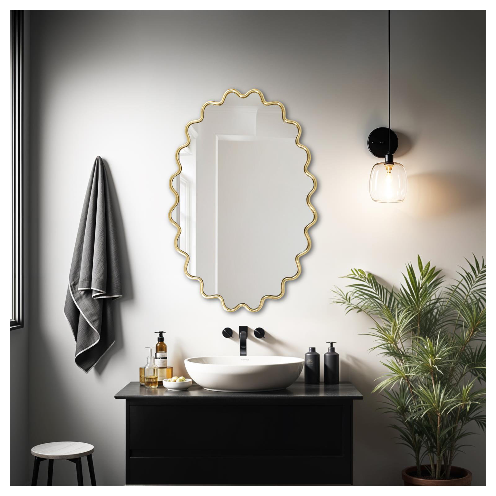 Modern Wavy Framed Oval Wall Mirror, Gold