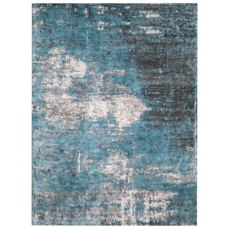 Tapis abstrait en polyester noué à la main turquoise / gris / ivoire, Rectangle 12 pi x 15 pi