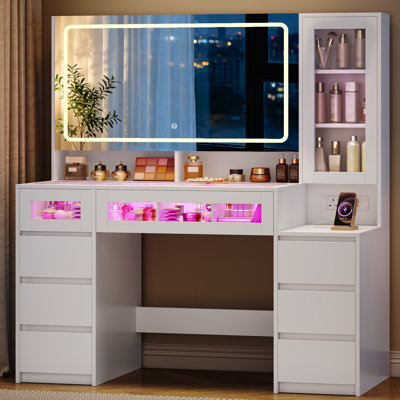 Dressing Table with HD Large Mirror, RGB Light, Glass Tabletop, Vanity Desk with Power Outlet, Vanity Table with 8 Drawers, Display Cabinet for Bedroom