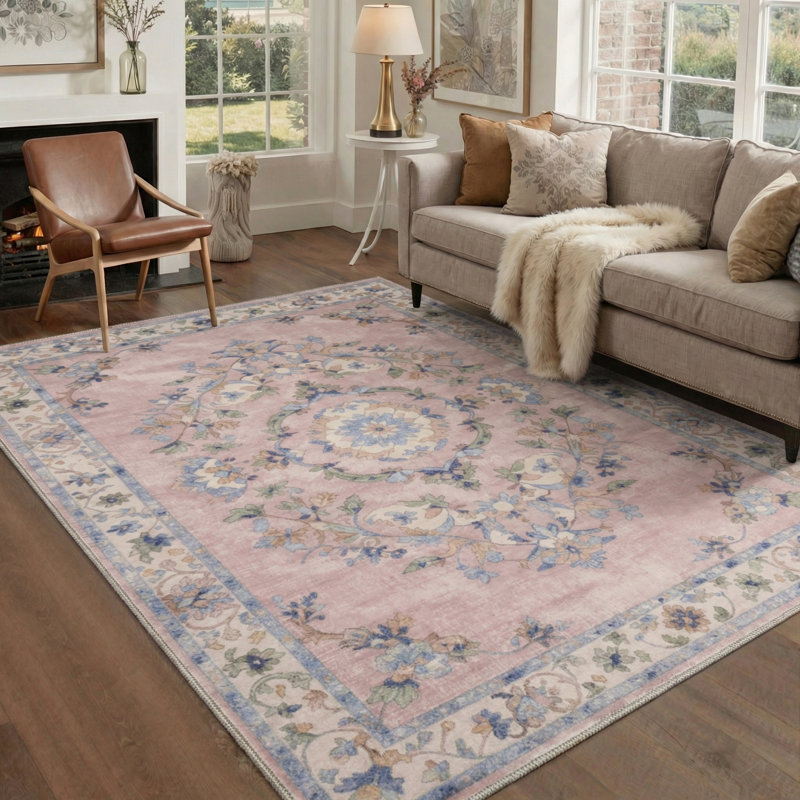 Wildomar Floral Machine Washable Pink / Blue / Beige Indoor Area Rug with Non-Slip Backing, Rectangle 6' x 9'