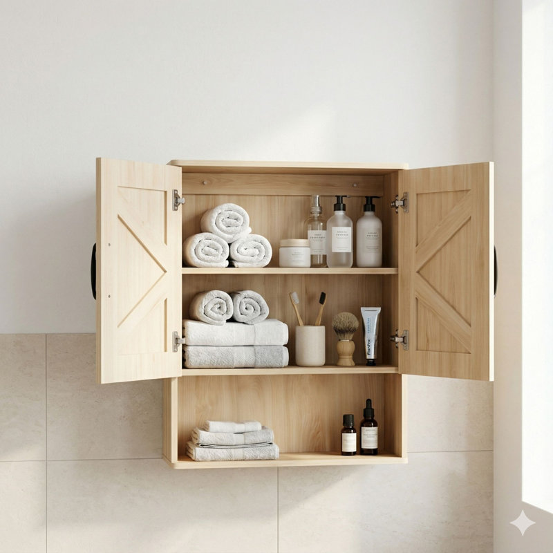 19" Wall Mounted Bathroom Cabinet, Wall Storage With Adjustable Shelves And Dual Door, Natural
