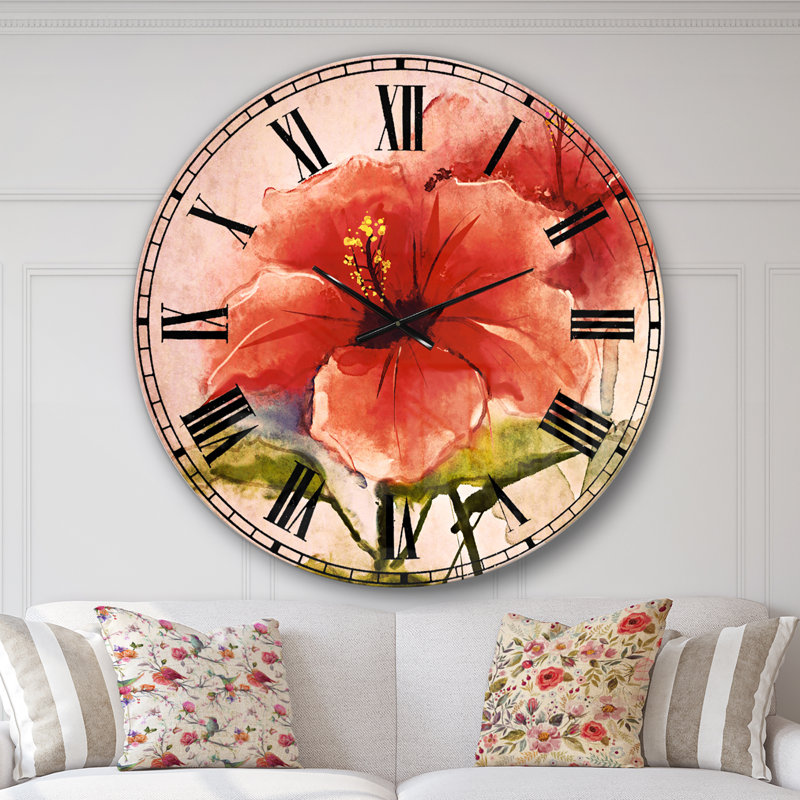 Aquarelle, fleur d'hibiscus rouge - horloge murale traditionnelle, Surdimensionné