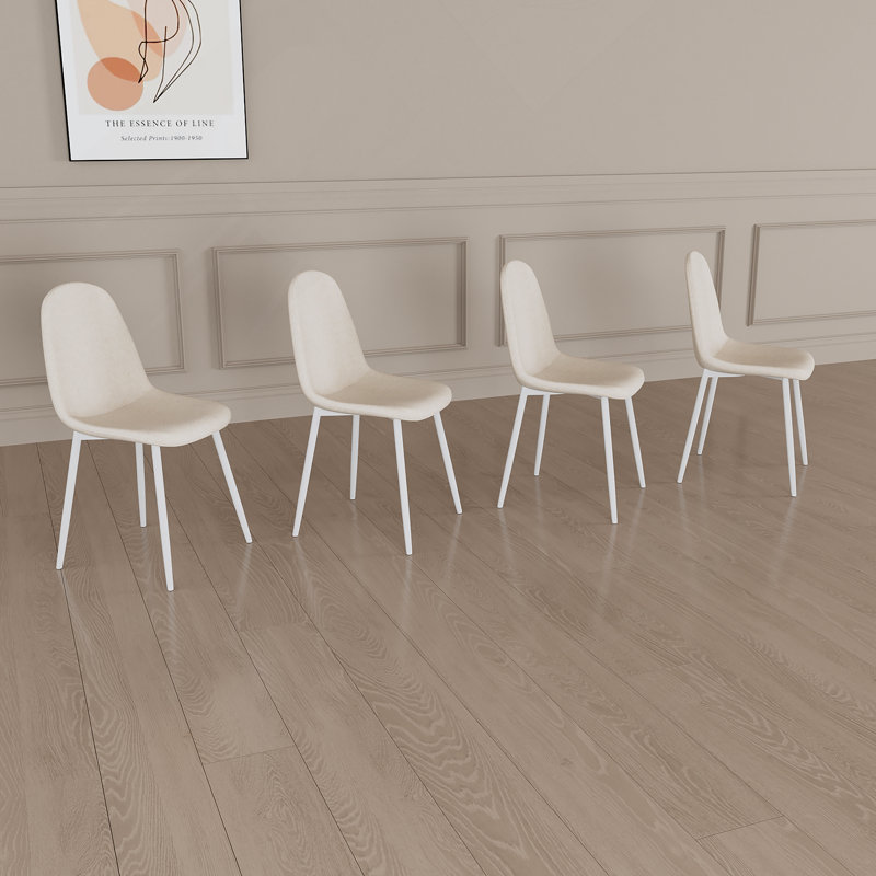 Ensemble de 4 chaises de salle à manger, chaises d'appoint modernes avec siège rembourré en tissu de lin, chaise de cuisine en forme de cuillère avec pieds en métal blancs pour la salle à manger (beige)