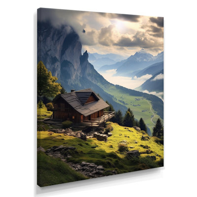 «Mountain House In The Valley Morning Clouds I - Mountains Wall Art Living Room»