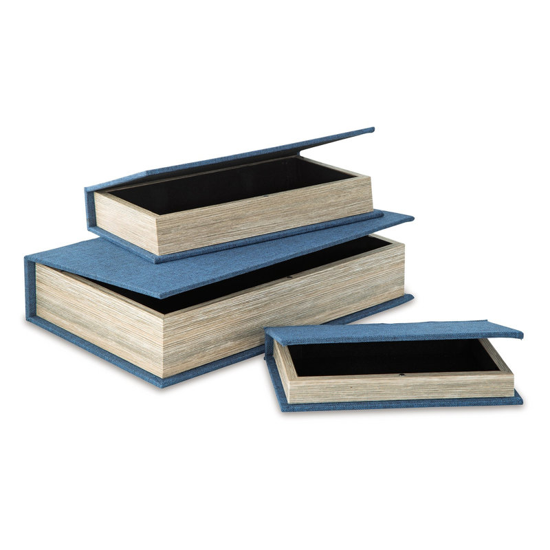 Jolly Decor Storage Box Set Of 3, Blue Book Design, Black Velvet Lining