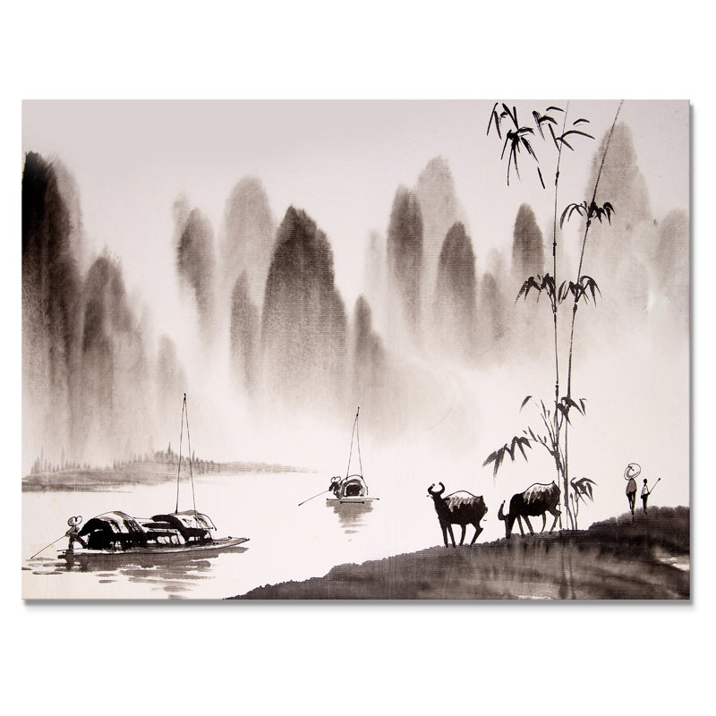 Peinture à l'encre de Chine, H 30 po x l 40 po x P 1,5 po, Toile tendue