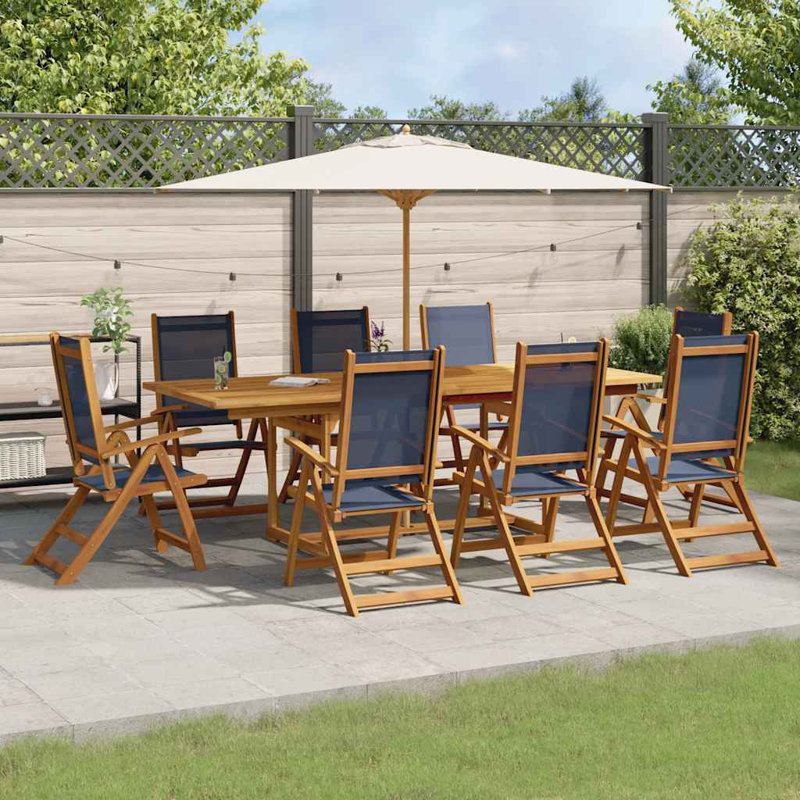 Patio Dining Set Extendable Rectangular Table, 8 Pieces: Table, 7 Chairs, 75cm H x 150cm W x 100cm D, Blue