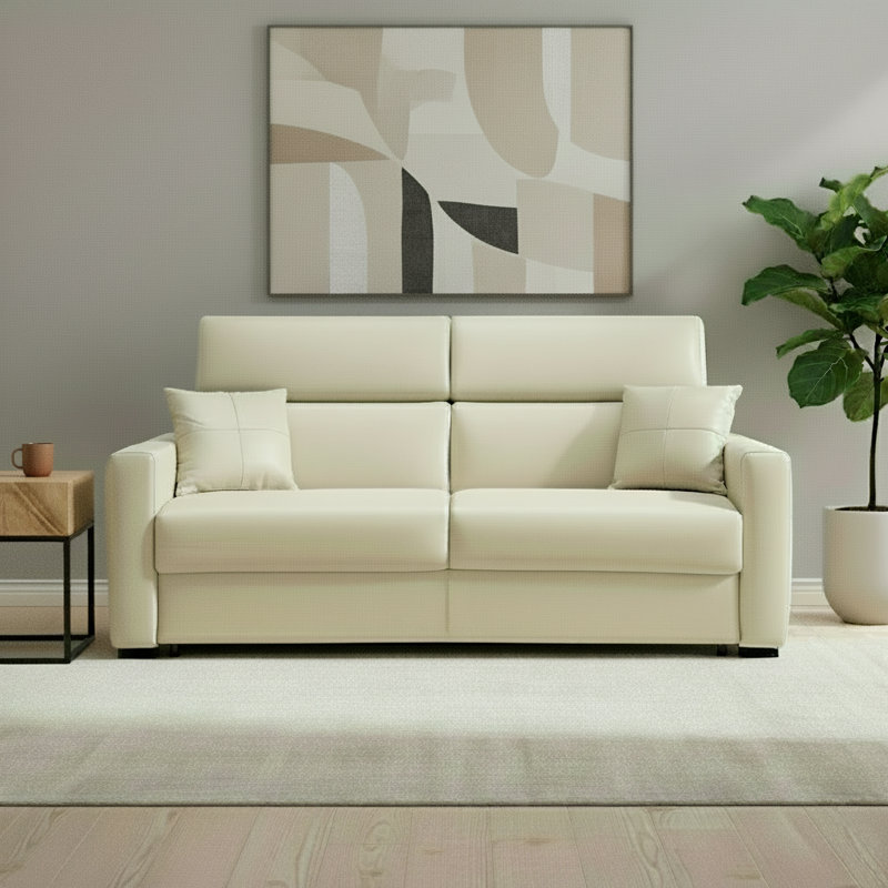 Paula 80" Genuine Italian Top Grain Leather Queen Folding Headrest Sleeper Sofa Bed with Memory Foam Mattress, Alabaster