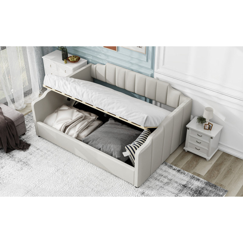 Upholstered Daybed With Underneath Storage,Full Size, Beige, Beige