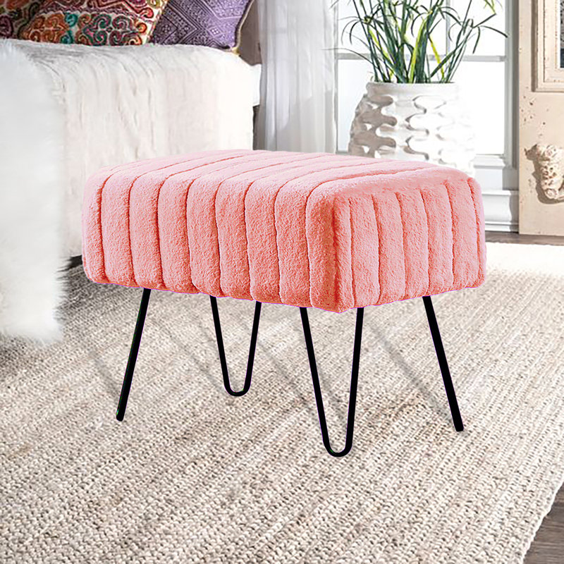 Defranco Upholstered Ottoman, Peach Eco Faux Fur