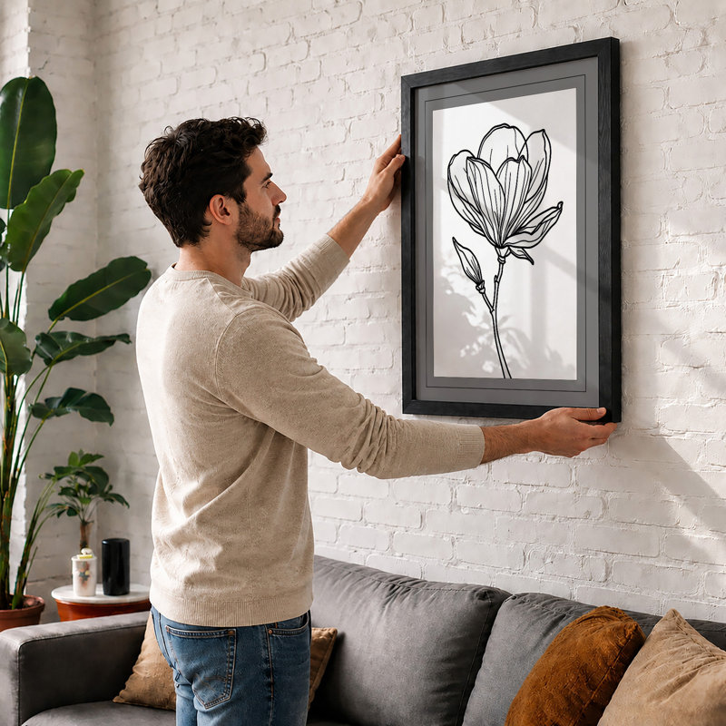 Single Stem Flower Botanical - Framed Print, A2 - 59.4 x 42.0 cm, White