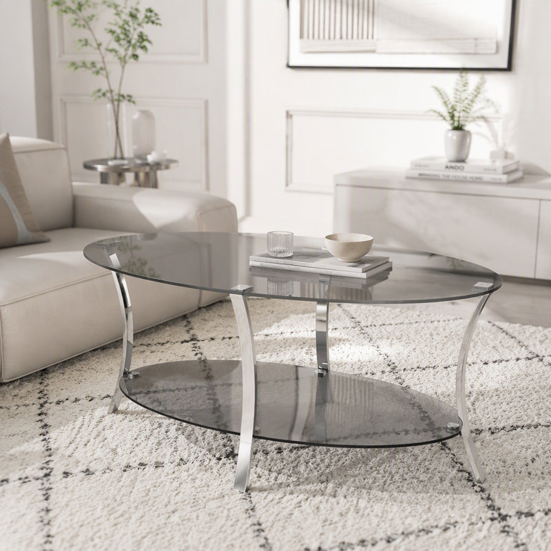 Table basse ovale moderne en verre de 110 cm (43,3 po) avec pattes en métal, verre trempé transparent, double plateau de rangement en verre, table basse de luxe