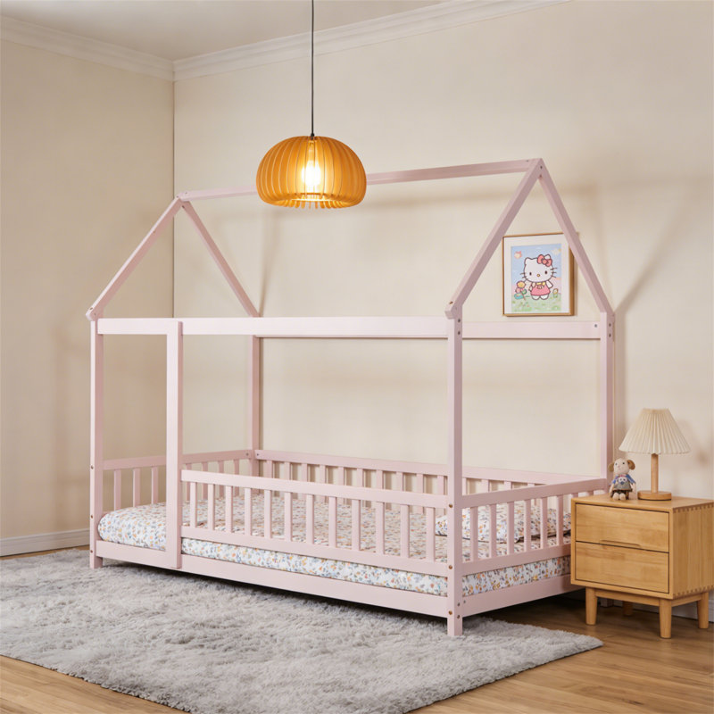 Structure de lit simple pour lit simple (sans matelas), avec cadre à baldaquin et rails de sécurité, rose