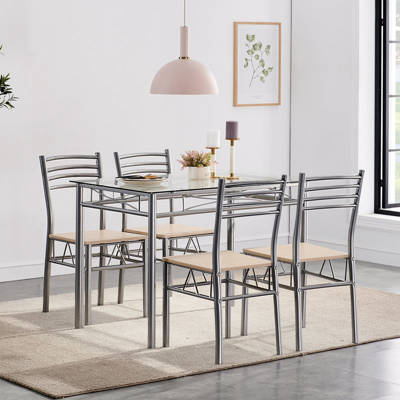Izen 4 - Person Four Leg Dining Set, 5 Piece Dining Table Set with Tempered Glass Top, Metal Frame Kitchen Table Set with 4 Chairs, Modern Small Space Glass Dining Set for Apartment, Kitchen, Dining Room, Breakfast Nook