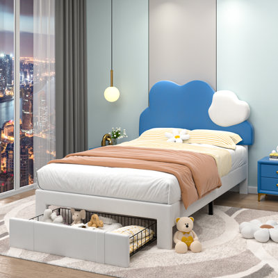 Twin Size Upholstered Bed With Blue And White Headboard And Under Bed Storage Drawers