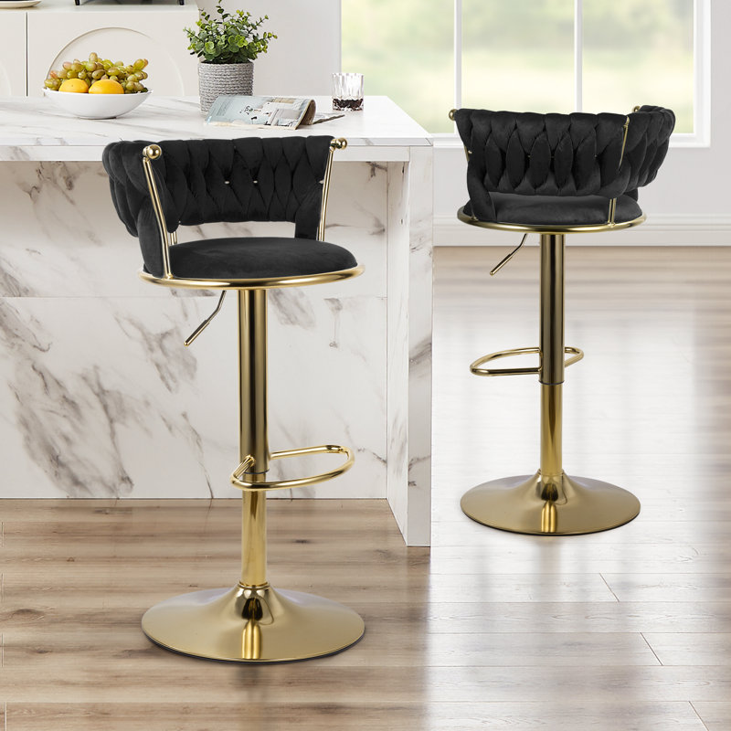 Upholstered Adjustable Height Counter Stool with Metal Frame, Black