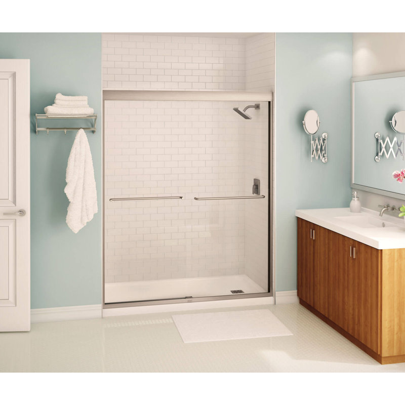 Aura 55-59 x 71 in. 6 mm Sliding Shower Door for Alcove Installation with Clear glass in Brushed Nickel, Brushed Nickel