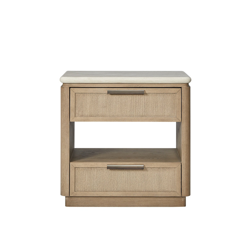 Élégante table de chevet à deux tiroirs avec façades en corde, offrant beaucoup de rangement et une commodité moderne pour votre chambre à coucher