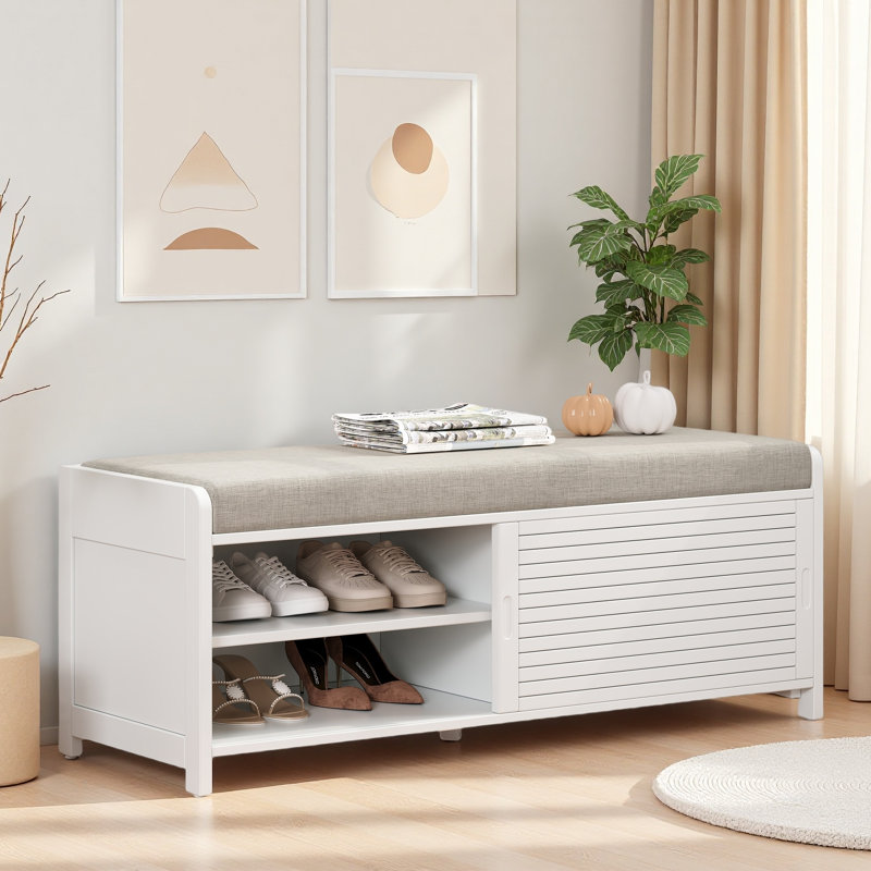 Shoe Bench With Storage And Cushion, Distressed Shutter Storage Bench With Retro Charm For Living Room, Blanc