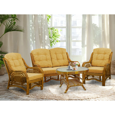 Malibu Lounge Set Of 4: 2 Natural Rattan Wicker Chairs, Loveseat And Coffee Table W/Glass Handmade, Colonial by Bay Isle Home