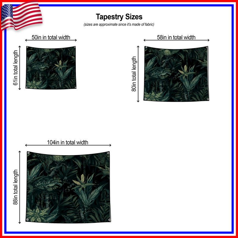 Tropical Jungle Foliage Wall Tapestry - Foliage Wall Decor, 68in H x80in W with 4 Grommets