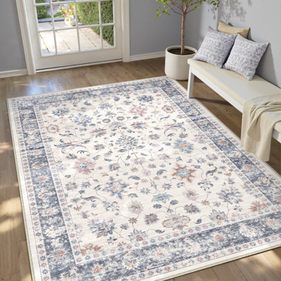 Cherry Machine Washable Floral Area Rug With Non-Slip Backing