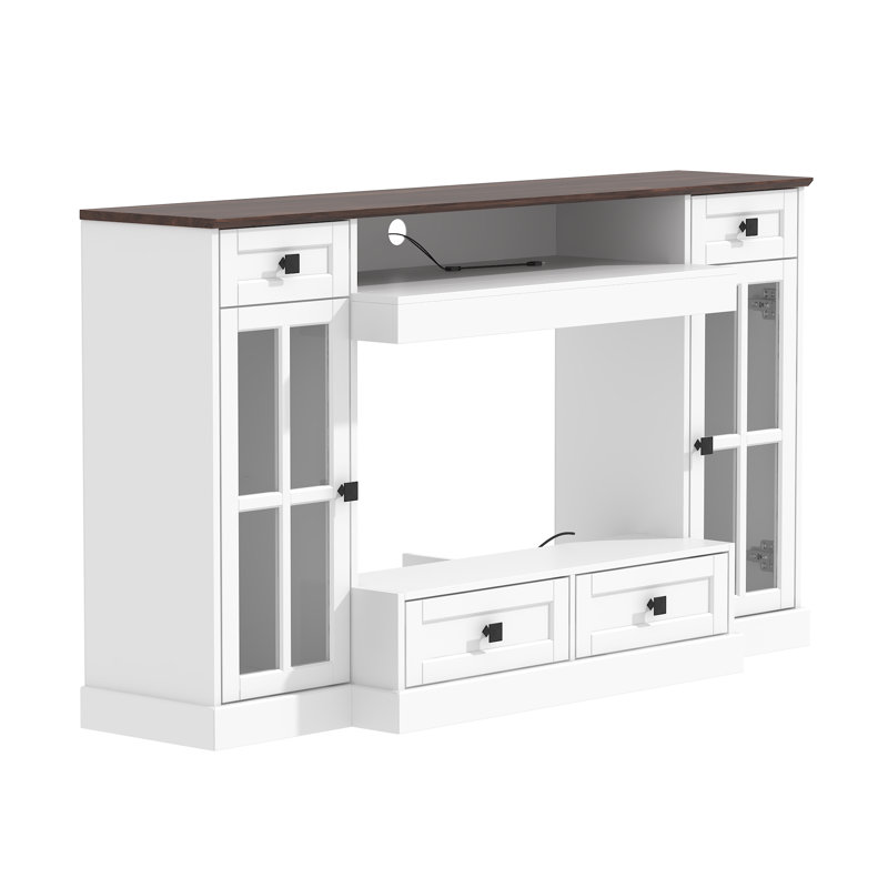 55.3'' White TV Stand With Wood-Grain Top, Tempered Glass Doors, 4 Drawers