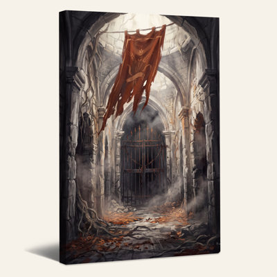 Couloir en pierre en ruine avec des vignes et une toile murale d'Halloween déchirée