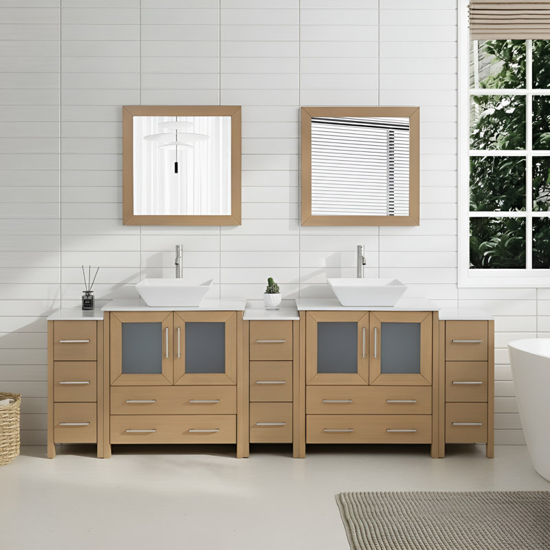 Ensemble de meuble-lavabo double 96 "avec miroir , Chêne naturel