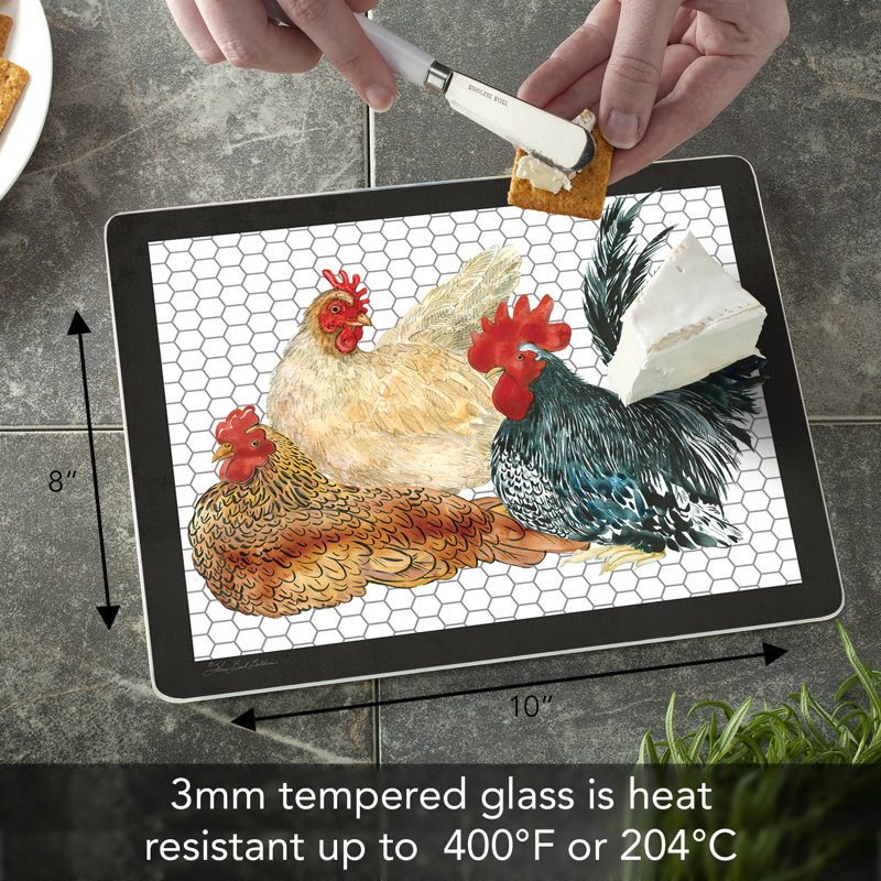 Whimsical Roosters Tempered Glass Cutting Board 10" x 8"