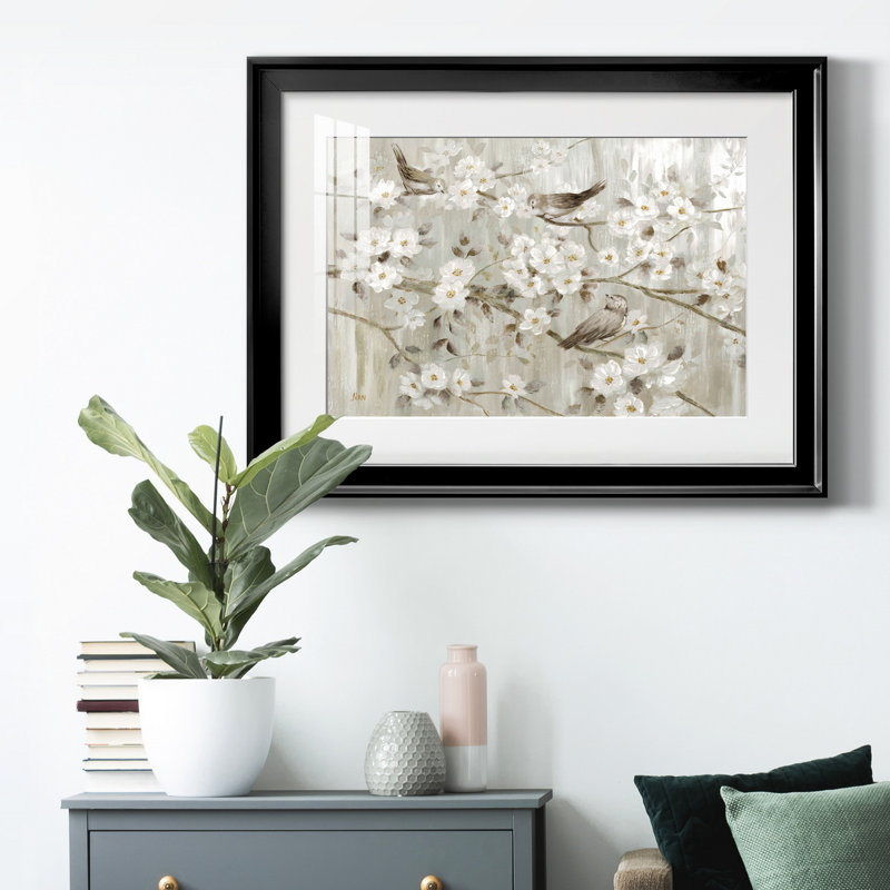 Neutre oiseaux printaniers - peinture encadrée, Cadre noir, H 30,5 po x l 42,5 po x P 1,5 po