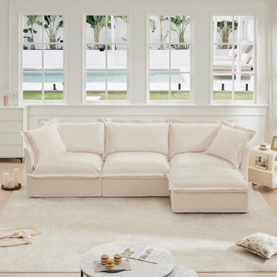 Canapé modulaire en L avec housse en L, canapé-lit en chenille confortable avec repose-pieds convertible et 2 grands coussins, ensemble de canapé moderne surdimensionné à 3 places pour bureau de salon, crème