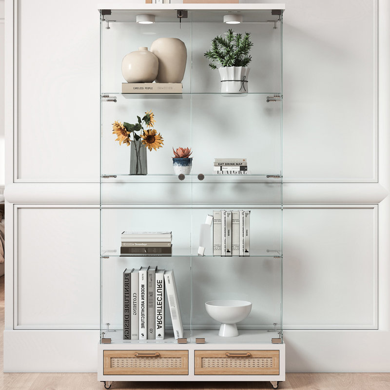 Modern Antique - Style 2 Door Tempered Glass Bookshelf With 13 Colour Led Lights, Large Drawers And 4 Shelves For Bedroom, Kitchen White Natural Small Space Shelf Display Cabinet Lighting, Locking