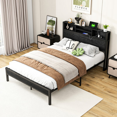 Metal Platform Bed With Headboard Storage & Charging Interface, Full Size, Noise-, Easy To Build, No Box Spring, Black Station Bookcase Headboard, Install,
