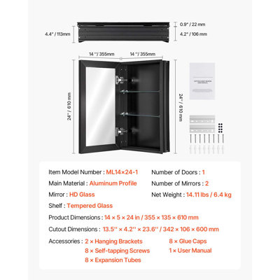 Armoire à pharmacie, 35,5 x 61 cm, 2 tablettes réglables, avec miroir, structure en aluminium, installation encastrée ou murale.