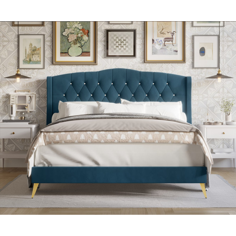 Dwaylon Upholstered Wingback Bed, Navy Blue, King