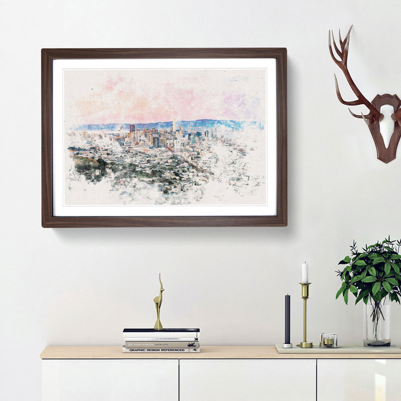 Evening Colours of San Francisco 1 Piece Single Picture Frame Painting on MDF, 36cm H x 48cm W x 2cm D, Walnut Framed