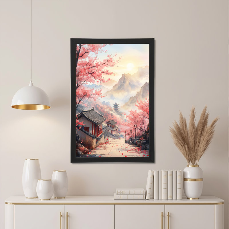 Ensemble de 1 tableau sur toile représentant un paysage de jardin japonais en fleurs de cerisier, H 24 po x l 16 po