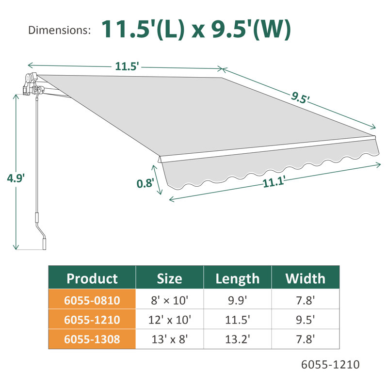 Manual Retraction Slope Patio Awning, Green, Solid Color