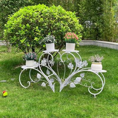 Plant Stand Heart Shaped: Set Of 2 Metal Flower Racks Potted Iron Planter Display Shelves Holder For Patio Garden Entryway Home Decors (White)
