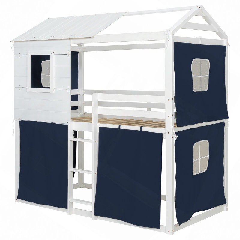 Lit superposé en bois avec tente, Bleu